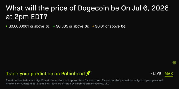 Dogecoin price on Jul 6, 2026 at 2pm EDT Crypto Prediction Market – Robinhood