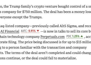 Wu Blockchain on X: “WSJ: Trump Family Crypto Project-Linked AI Financial in Talks to Sell Core Business for Up to $15M According to The Wall Street Journal, AI Financial, formerly Alt5 Sigma, is in talks to sell its core payments business to Tokyo-based blockchain company Perpetuals com for up to https://t.co/MUwBaWXtRJ” / X
