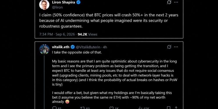 Ethereum’s Vitalik Bets 90% of His Net Worth Against an AI Bitcoin Crash